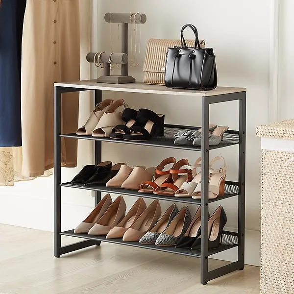 3-Tier Mesh Entryway Shoe Storage w/ Wood Top Graphite
