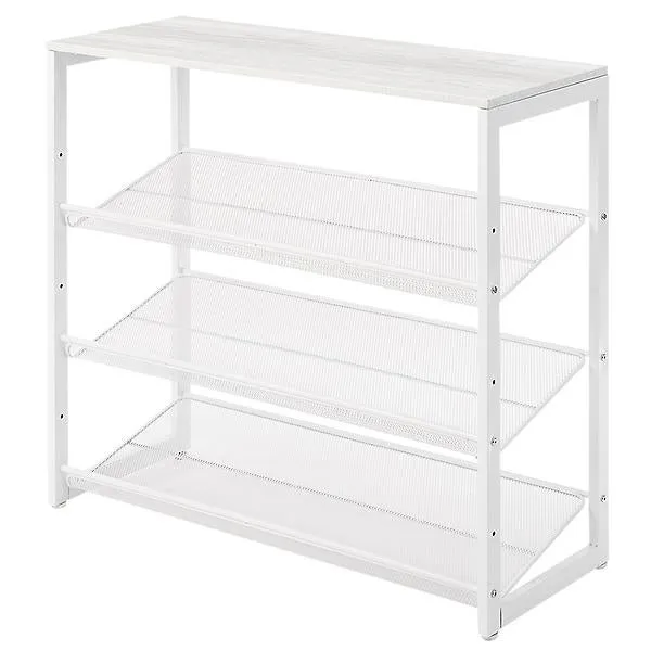 3-Tier Mesh Entryway Shoe Storage w/ Wood Top White