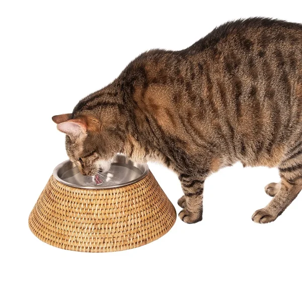 Artifacts Trading Co. Rattan Pet Bowl with Removable Stainless Steel Bowl
