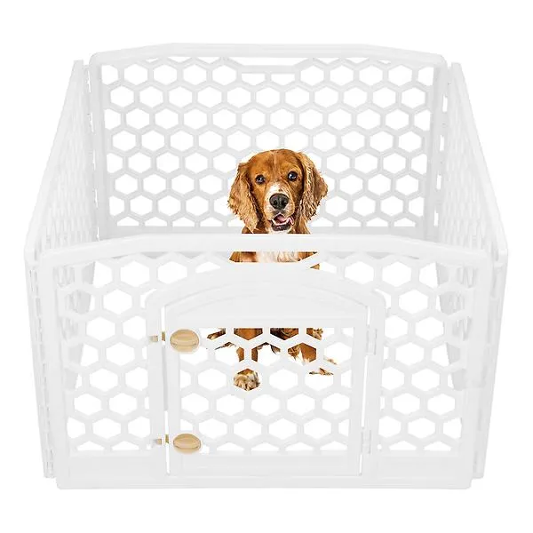 Iris 4 Panel Plastic Pet Pen w/ Door White/Almond